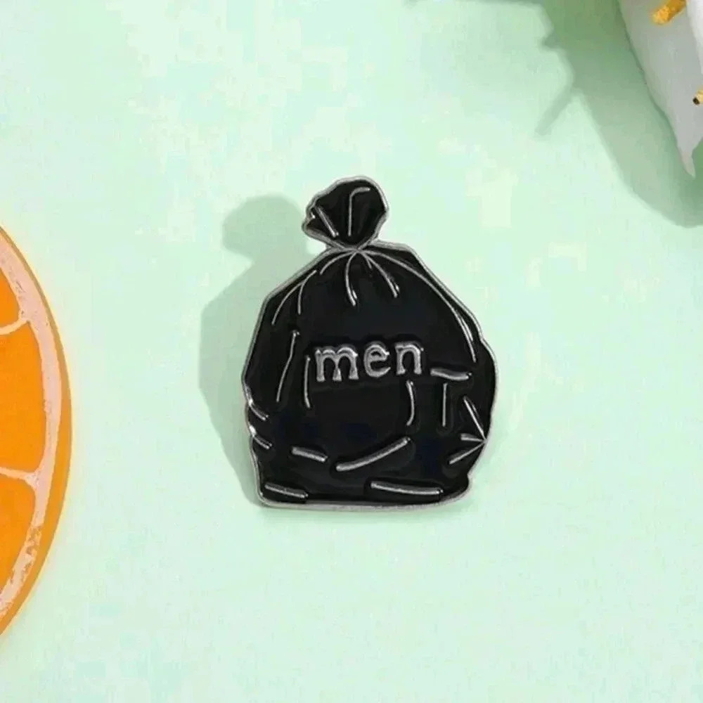 Men funny black trash bag enamel pin brooch charm for bag purse girls women's